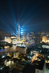 Scenic view of the Chao Phraya River in Bangkok city downtown during twilight, capital of Thailand.