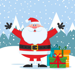 Jolly Santa Claus Cartoon Mascot Character With Open Arms And Gifts Boxes. Illustration Flat Design With Background