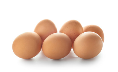 Raw chicken eggs on white background