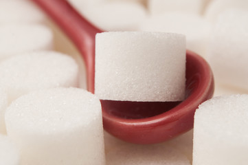  closeup of sugar in shaped circle in red spoon