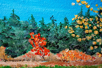 Oil painting detail of fall colors and scene.