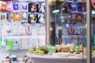 Many servings of sweet tasty dessert on buffet. Concept of catering for events, birthdays in stores