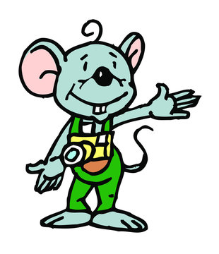 mouse tourist with a camera standing and showing cartoon