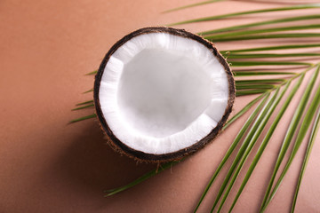 Half of ripe coconut and palm leaf on color background