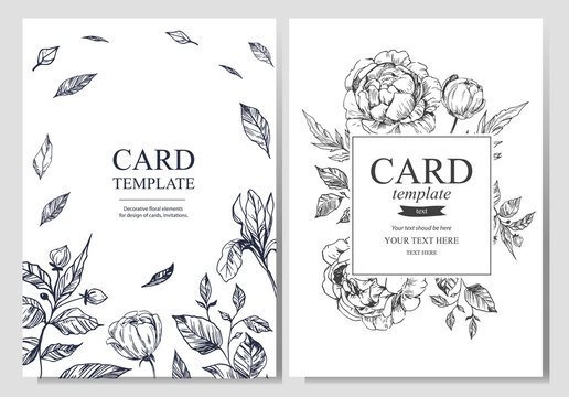 Invitation or greeting card template design with floral hand drawn elements on light background. Vector