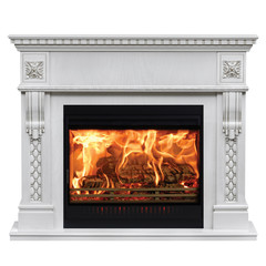 Burning classic fireplace of white marble. Isolated on white