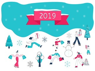 Vector illustration of Christmas and 2019 New Year banner with flat people carrying shopping bags and wrapped gift boxes surrounded by winter holidays decorative elements.