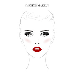 Beautiful woman face with smokey eyes make-up and red lips hand drawn vector illustration. Stylish original graphics portrait with young girl model. Fashion, style, beauty. Graphic, sketch drawing.