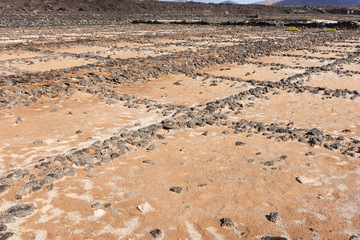 Old disused salt works in Lanzarote. Salinas de Janubio. Canary Islands. Spain