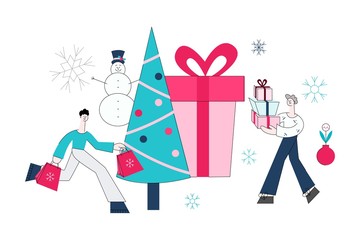 Vector flat adult man and woman running holding presents, shopping bags with purchases made during store clearance and discounts on background of decorated christmas tree, present box, snowman