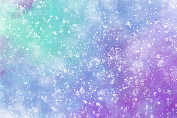 Winter purple watercolor background with snow