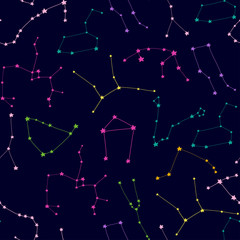 Hand drawn zodiac constellations. Colored vector seamless pattern. Neon style. Dark background