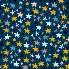 Hand drawn colorful stars. Doodle shapes. Vector seamless pattern. Blue background