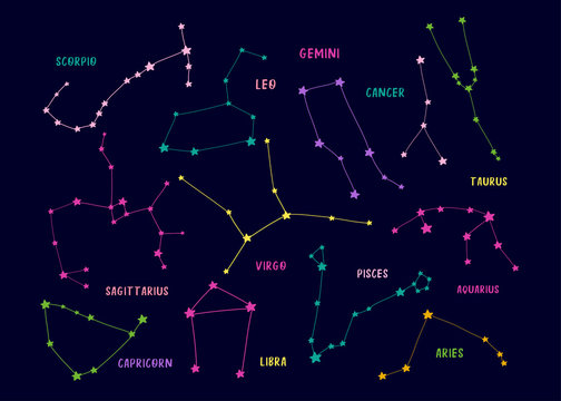 Hand drawn zodiac constellations. Colored vector set. Neon style. Dark background. All elements are isolated