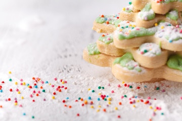 Christmas cookies on wooden table with copy cpace