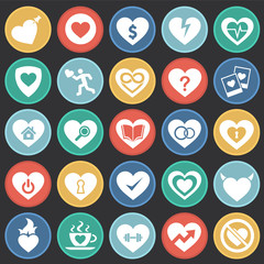 Heart icon set on color circles black background for graphic and web design, Modern simple vector sign. Internet concept. Trendy symbol for website design web button or mobile app