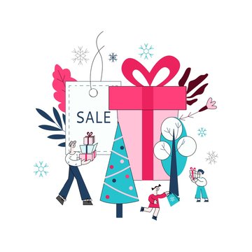 Vector flat adult man, girl and boy kids holding presents, shopping bags with purchases made during store clearance and discounts on background of decorated christmas tree, present box.