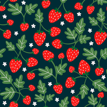 Tasty strawberries on branches. Hand drawn vector seamless pattern. Black background