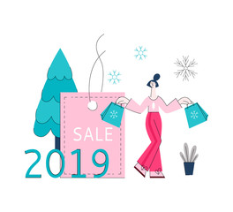 Vector illustration of winter holidays sale banner - young woman with shopping bags standing near big label in flat style. Promotion poster for seasonal special offer concept.