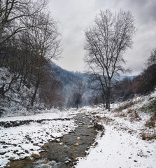 Winter landscape, mountain river in foggy and cold day with snow
