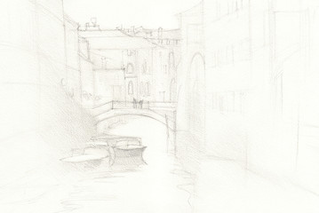 Venice city hand drawn, pencil sketch illustration