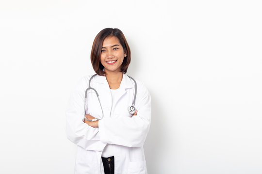 portrait happy asian woman doctor on white background