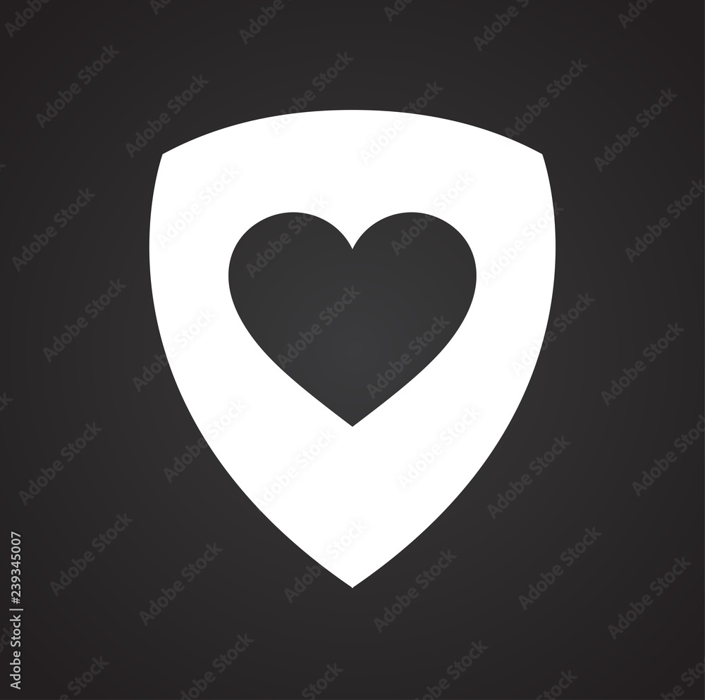 Poster heart on shield icon on black background for graphic and web design, modern simple vector sign. inte