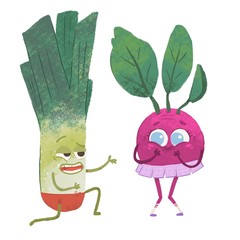 Funny leek says compliments to shy radish. Cute vegetables with faces and clothes. Hand drawn colored illustration