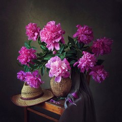 Still life with bouquet pink peonies