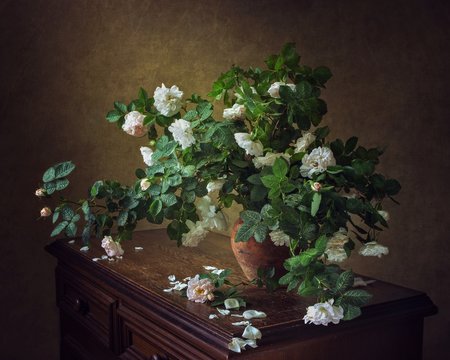 Still life with bouquet of wild roses