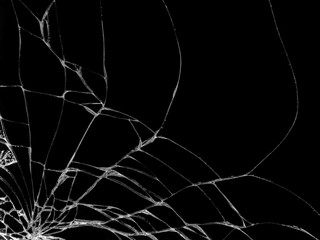 Cracked glass texture on black background. Isolated realistic cracked glass effect.