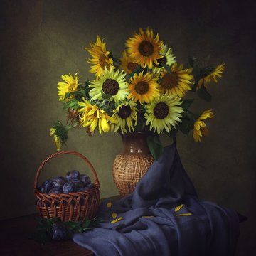 Still life with bouquet  of sunflowers