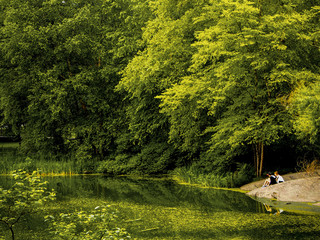 Quiet and beautiful scene of a boy and girl beside a pond