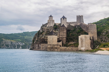 Medieval Golubac fortress on right bank of mighty Danube river.