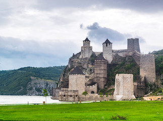 Medieval Golubac fortress on right bank of mighty Danube river.