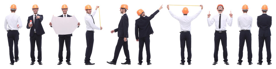 panoramic photo collage of confident architect isolated on white