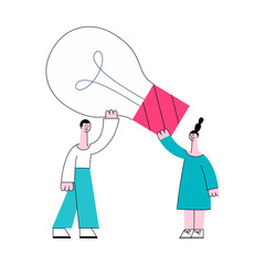 Vector illustration of man and woman having and developing common idea in flat style for effective teamwork concept - male and female characters holding big light bulb isolated on white background.