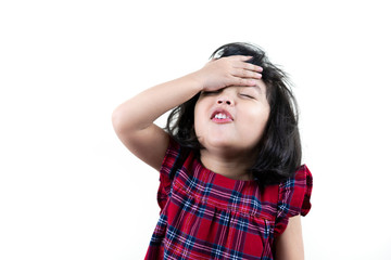 portrait of sad upset terrified  kid girl on white background. kid shocked with the the high amount...