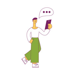 Vector cheerful young man standing holding smartphone device with three dots in speech bubble. Male character with social communication symbol. Flat isolated illustration