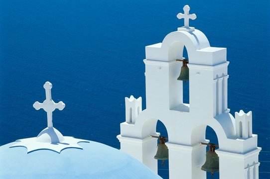 Blue-domed church and bell tower, Firostnhani, Santorini, Greece