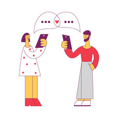 Vector illustration of online communication concept in flat style with man and woman holding mobile devices and chatting at social network with each other isolated on white background.