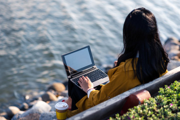Girl working on laptop by the lake