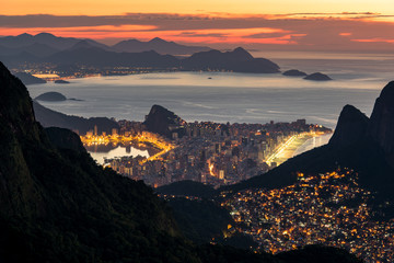 View of Favela Rocinha at Night With Ipanema District Behind, in Rio de Janeiro, Brazil