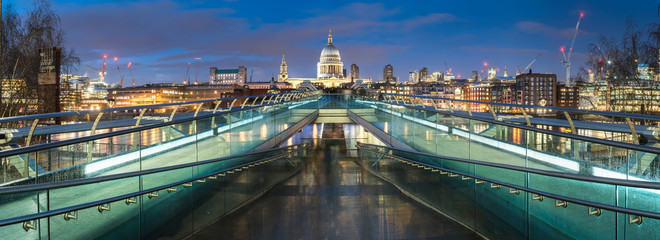 St Pauls Cathedral at night, seen across Millennium Bridge, City of London, London, England, United Kingdom