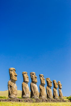 Seven Moai at Ahu Akivi, the first restored altar on Easter Island (Isla de Pascua) (Rapa Nui), UNESCO World Heritage Site, Chile, South America