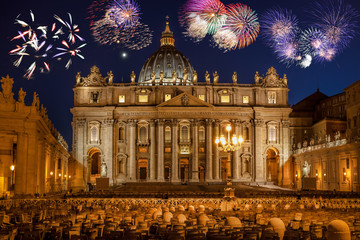 Basilica di San Pietro with firework, Rome, Vatican, Italy