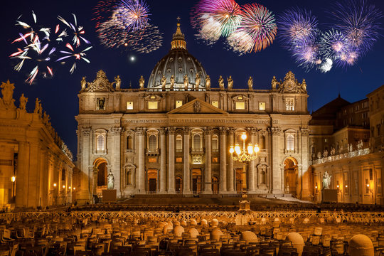 Basilica di San Pietro with firework, Rome, Vatican, Italy