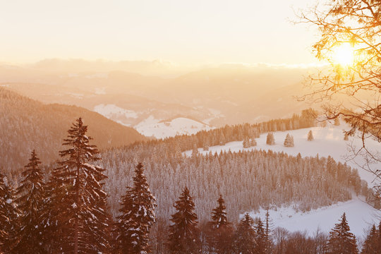 Winter landscape at sunrise, Belchen Mountain, Black Forest, Baden-Wurttemberg, Germany, Europe