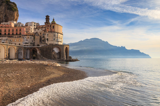 Atrani at sunrise, Amalfi Coast, UNESCO World Heritage Site, Campania, Italy