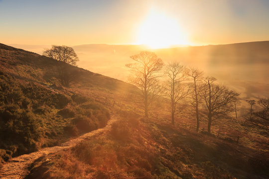 Misty and frosty sunrise over skeletal trees above the Hope Valley in winter, Castleton, Peak District, Derbyshire, England, United Kingdom, Europe